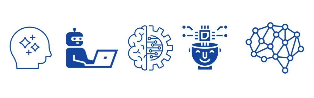 5 icons representing AI literacy, human head containing 2 stars & 2 plus signs, robot using laptop, half brain/half gear, cartoon face with computer chip coming out of top, and nodes in a network