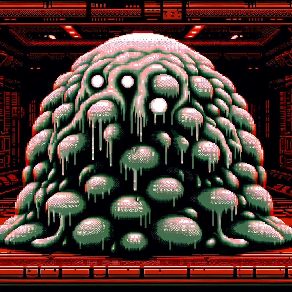 An 8-bit style image shows a large, gelatinous creature without a mouth. Its form is rounded, and in place of eyes, there are white pulsating areas. The creature has rubbery appendages where arms should be, and rounded, legless bulges form its lower body. As it moves, it leaves behind a moist trail, and patches of gray appear and disappear on its surface, suggesting an internal light source. The creature exists in a dark, dystopian setting with a red color palette, amid the interior of a vast, sinister supercomputer, evoking a classic 256-color pixel art aesthetic from old video games.