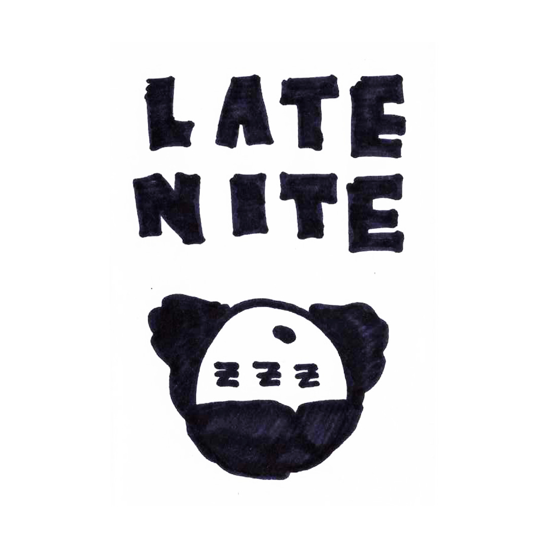 a zine cover says "LATE NITE" in bold all-caps font. there is an upside down head of a cartoon girl with "zzz" snoring noises for eyes. she has triangular curly hair.