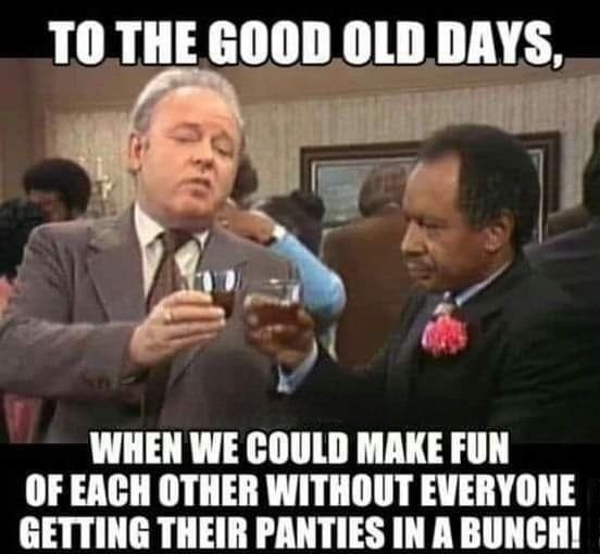May be an image of 2 people and text that says 'TO THE GOOD OLD DAYS, WHEN WE COULD MAKE FUN OF EACH OTHER WITHOUT EVERYONE GETTING THEIR PANTIES IN A BUNCH!'