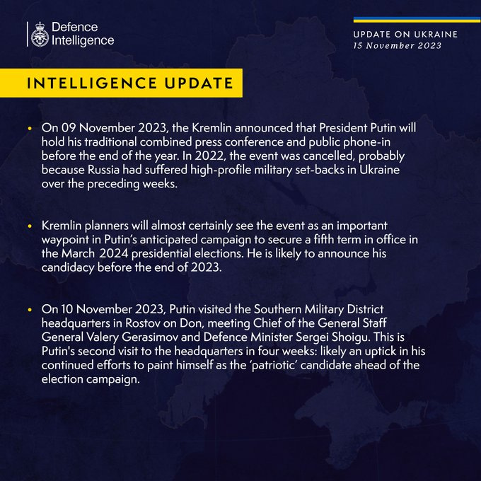 Latest Defence Intelligence update on the situation in Ukraine – 15 November 2023.