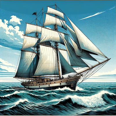 DALL·E 2024-03-28 20.44.37 - A classic schooner sails majestically on the open ocean, its sails billowing in the wind against a backdrop of expansive blue sea and sky. The detaile copy.png