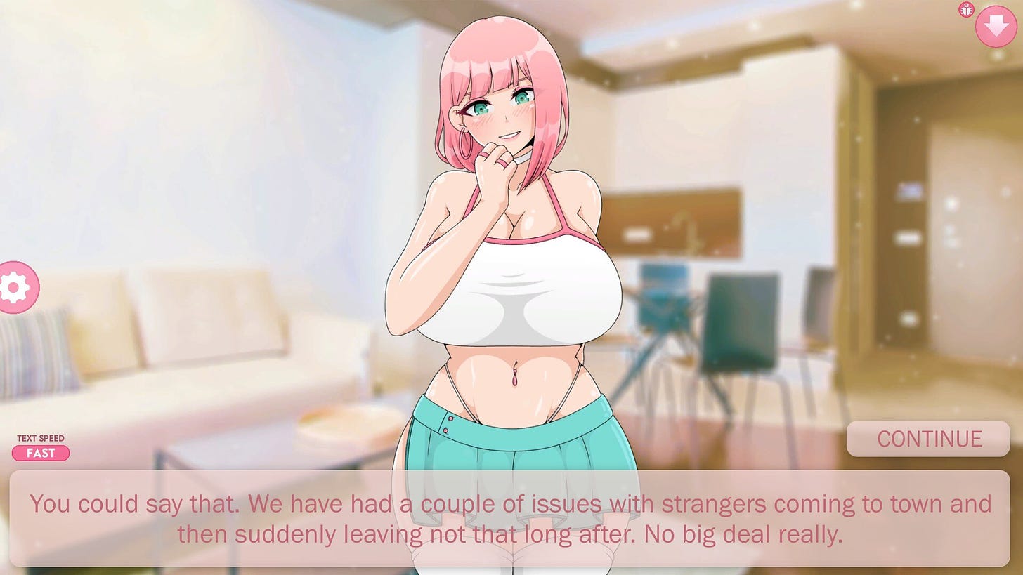 A pink-haired girl tells the protagonist strangers leave suddenly shortly after coming to town