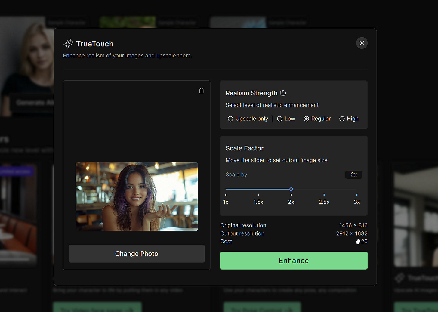 TrueTouch feature from RenderNet AI to upscale an image. Simply go to RenderNet AI dashboard, select the TrueTouch feature and upload the raw image.