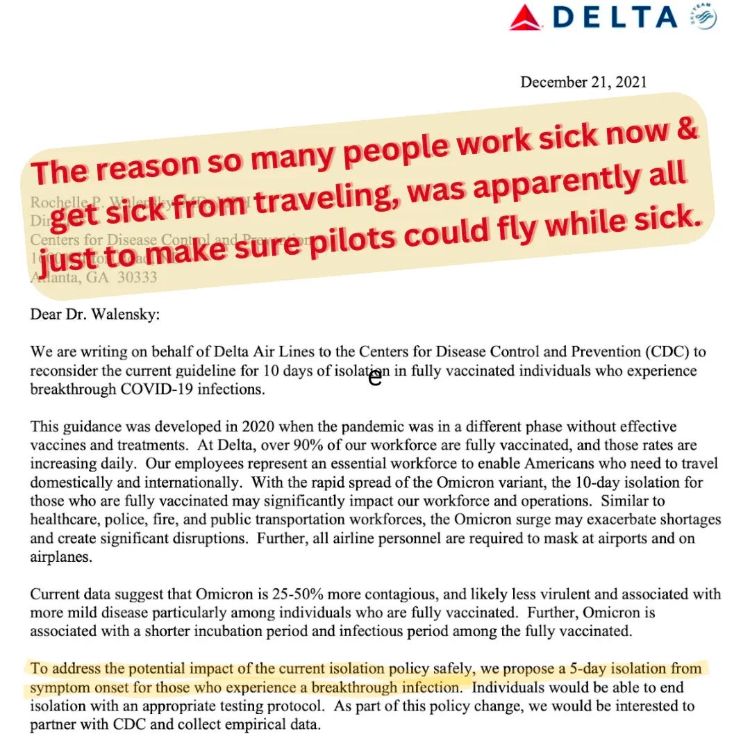 CDC made medical guidelines please Delta Airlines, and now lots of people work sick and contagious in every industry - Image is the letter from Delta Airlines to the CDC Director asking for shortened guidelines because of longer isolation’s impact on their business.