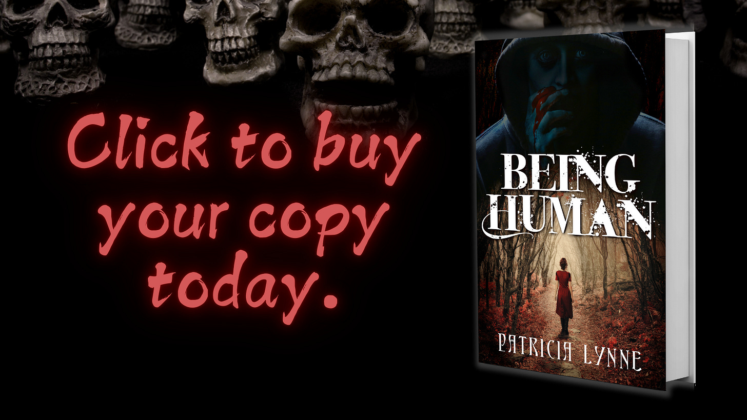 Image of skulls on a black background with the book Being Human, a vampire paranormal young adult novel by Patricia JL. Buy it today.