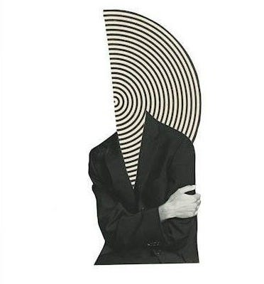 This may contain: a black and white photo of a man in a suit with an optical illusional design on his face