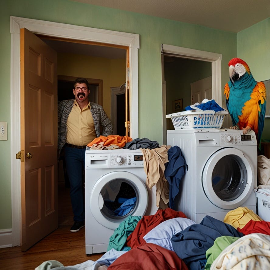 Messy Rental Reality**  
   - A comical scene of a landlord entering a house with exaggerated expressions of shock as they find humorous messes (like a mountain of laundry and a pet parrot wearing sunglasses).




