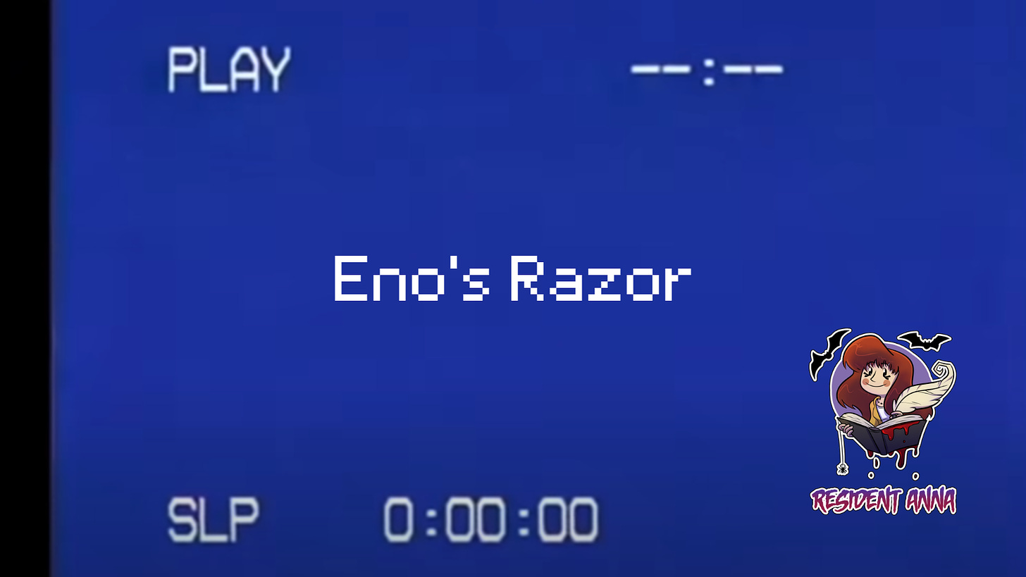 A blue PLAY screen of a VHS screen, overlayed with the Resident Anna logo in the bottom right and the central, white text of Eno's Razor