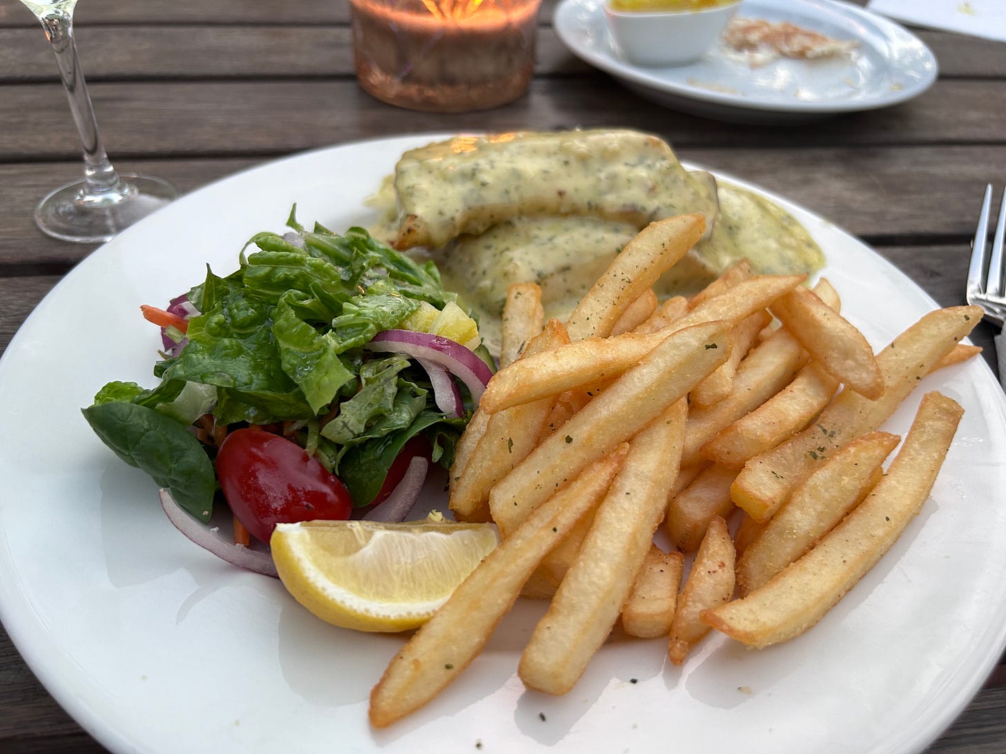 A plate of chips, salad and barramundi.