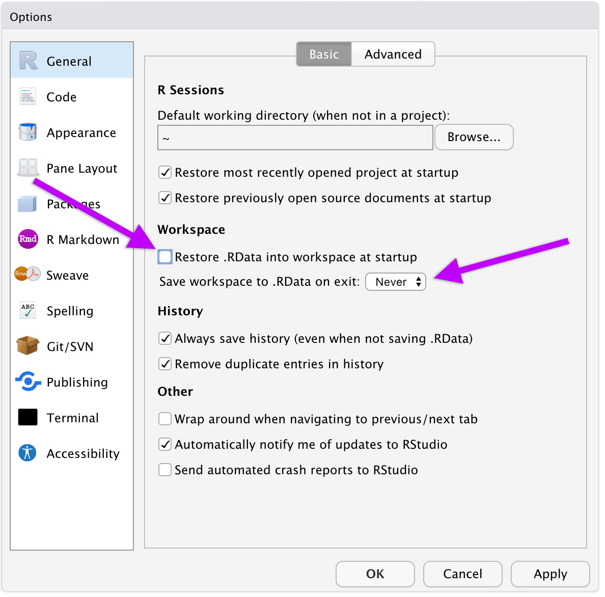 A screenshot of the 'Options' modal dialog box showing the default settings that need to be changed.