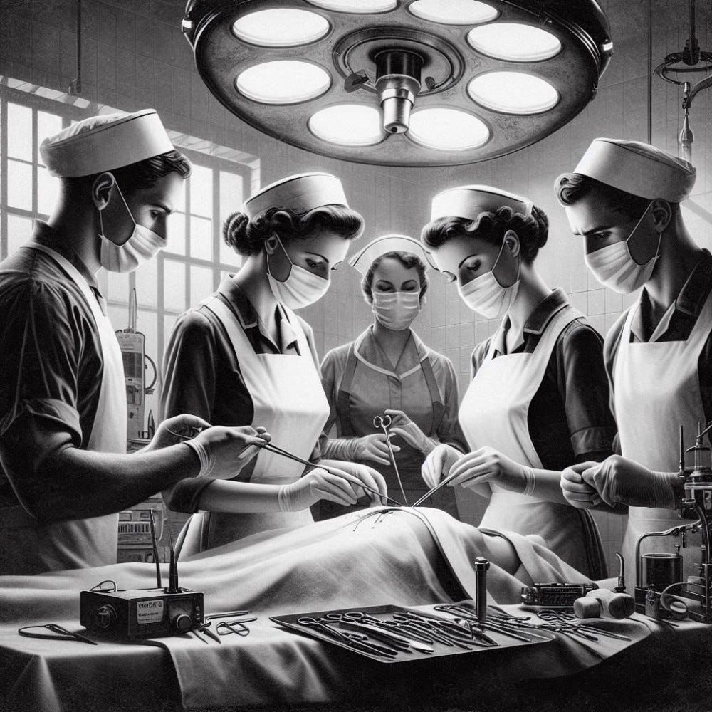 Black and white realistic image created with AI: A hospital surgery, there are four nurses, two male and two female.  They are overlooked by a woman in the background in a nurse's uniform. 