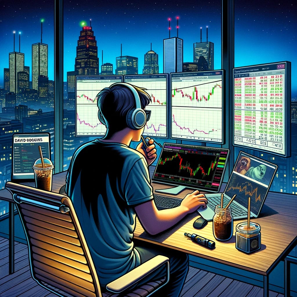 An illustration of a person rescuing a friend's bruised futures account while listening to a David Goggins podcast, set in a night-time Toronto condo. The scene includes a Caucasian male sitting at a sleek, modern desk with multiple computer screens displaying stock market charts, symbolizing the futures account. He's wearing headphones, engaged in the podcast. The background shows a panoramic view of Toronto's cityscape at night through large condo windows. On the desk, there's an iced coffee and a vape, adding personal details to the setting.