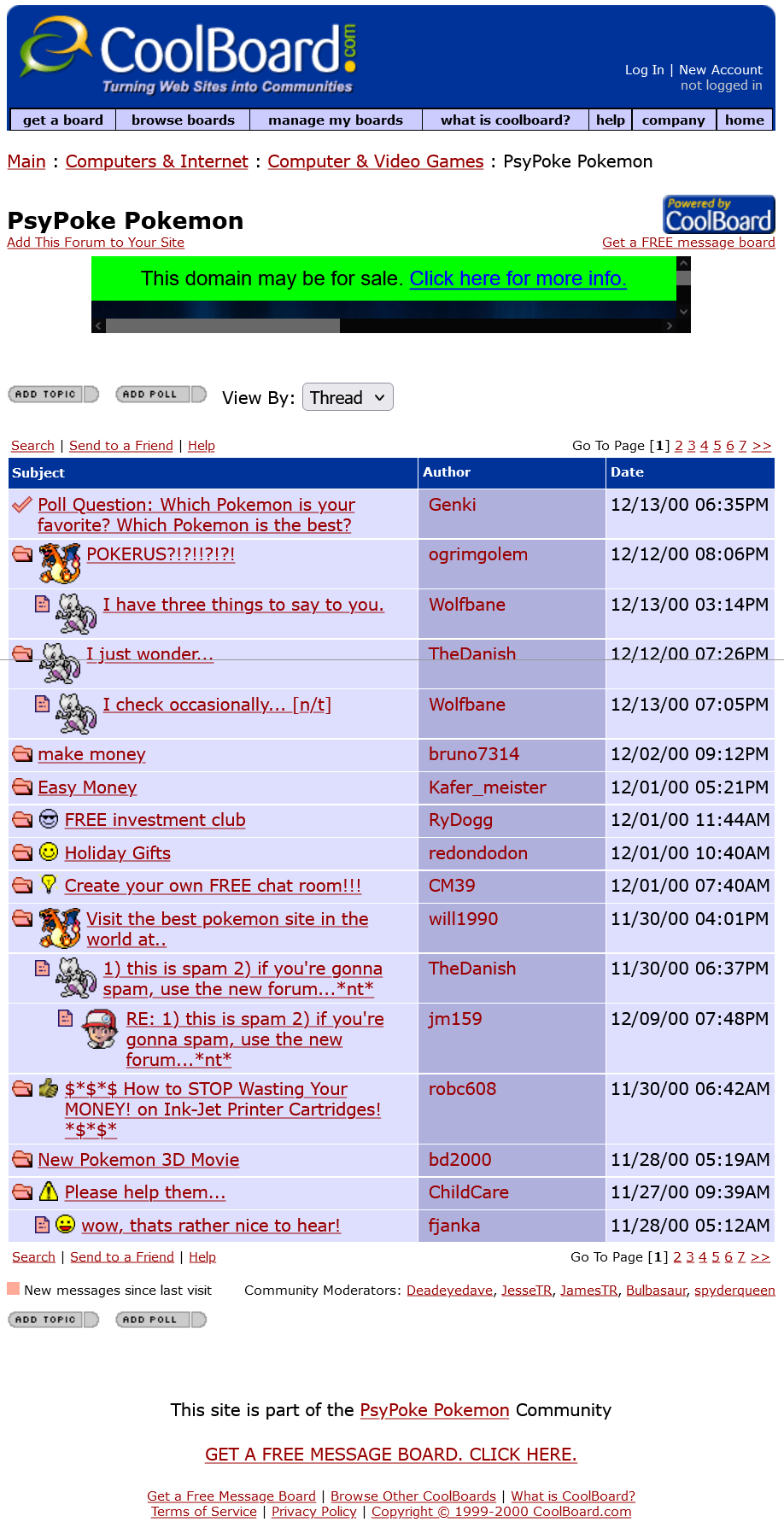 The Psypoke forum hosted on Cool Board, from December 2000