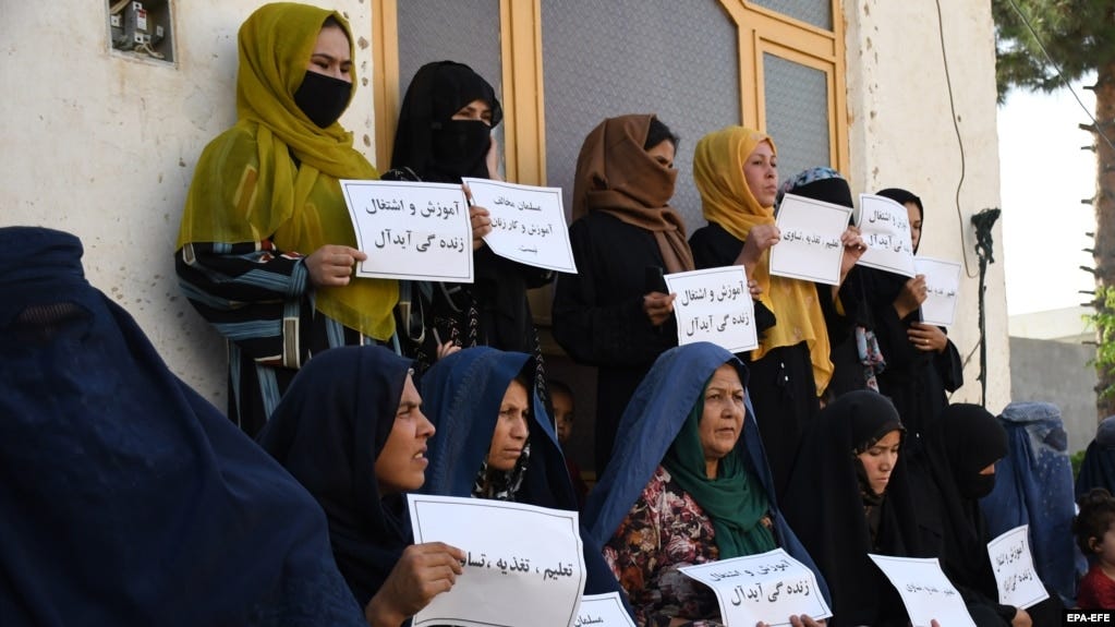 Afghan women protest for their right to education and work in Mazar-e-Sharif on August 16.