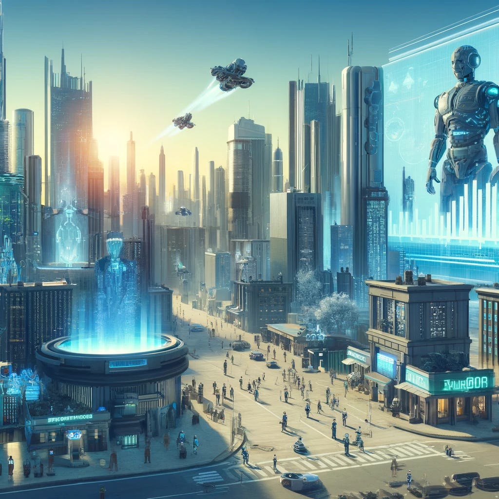 A futuristic cityscape illustrating the economic explosion driven by AI and robotics. The scene shows a bustling urban center filled with towering skyscrapers, some shaped like giant robots. These buildings house automated factories and R&D centers, staffed by humanoid robots performing various tasks. The streets are filled with robot workers and flying vehicles, reflecting a high level of automation. In the foreground, a digital display shows graphs and charts indicating skyrocketing economic growth. The atmosphere is vibrant and futuristic, with a clear sky and a sense of endless possibilities.