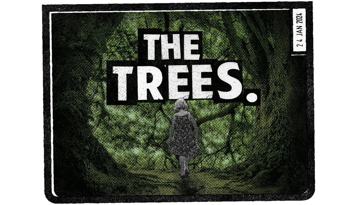An image of a young girl walking through a dark forest, with the title 'The Trees'