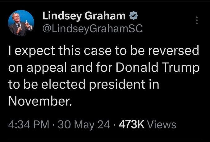 May be an image of 1 person and text that says 'Lindsey Graham @LindseyGrahamSC I c this to be reversed on appeal and for Donald Trump to be elected president in November. 4:34 PM·30 30 May 24 473KViews 473K Views'