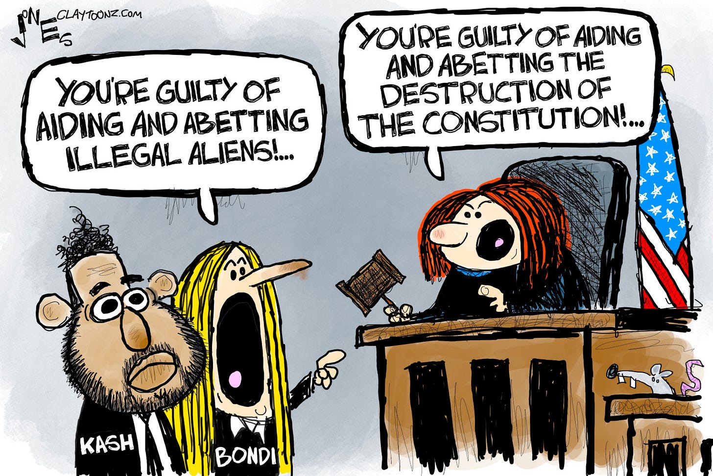 May be an image of text that says 'CLAYTOONZ.COM YOURE GUILTY OF AIDING AND ABETTING ILLEGAL ALIENS!... YOU'RE GUILTY OF AIDING AND ABETTING THE DESTRUCTION OF THE CONSTITUTION... ಸಮತ KASH BONDI 周ベ'