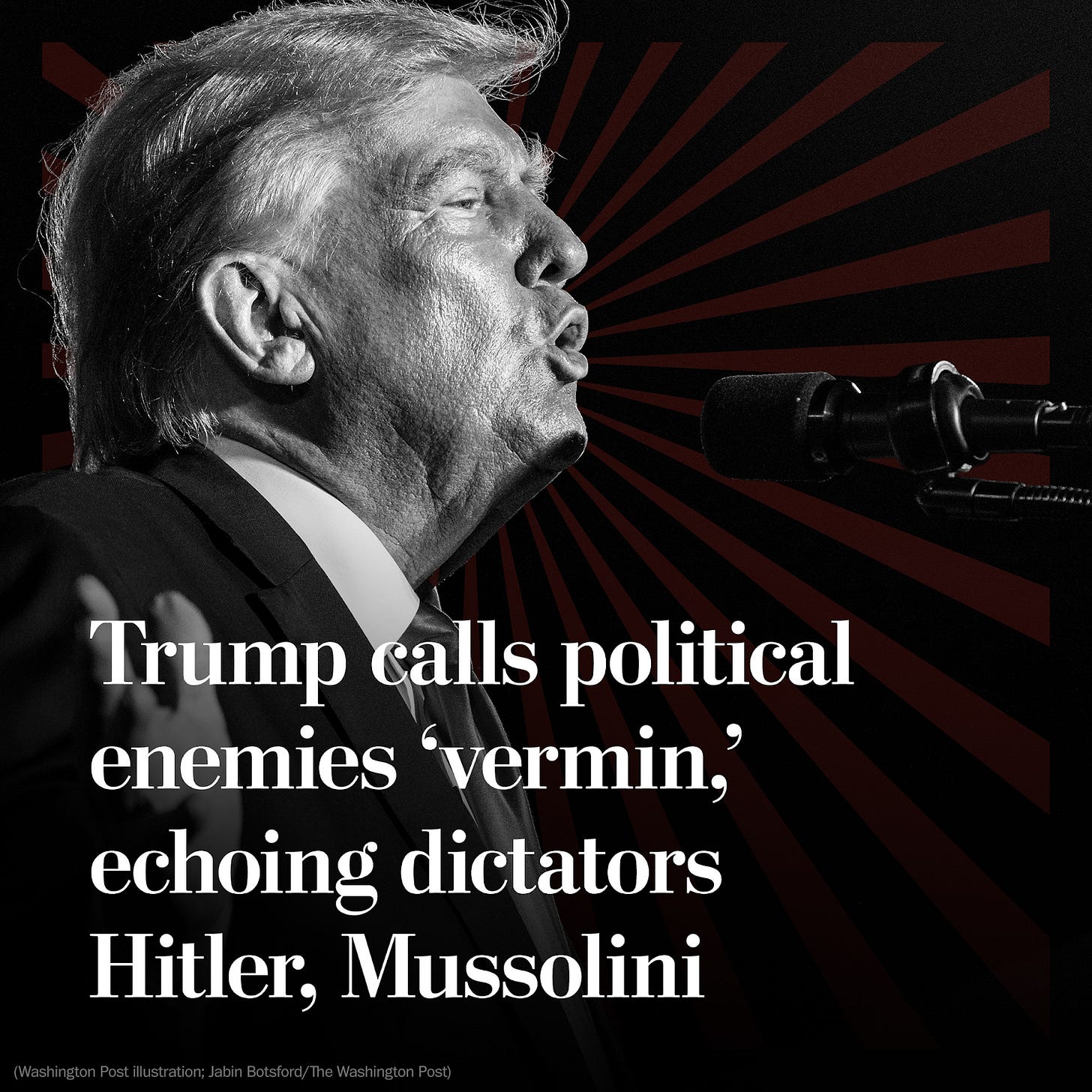 Side profile of trump, making anus-mouth face, speaking into a mic. Caption: Trump calls political enemies 'vermin," echoing dictators Hitler, Mussolini