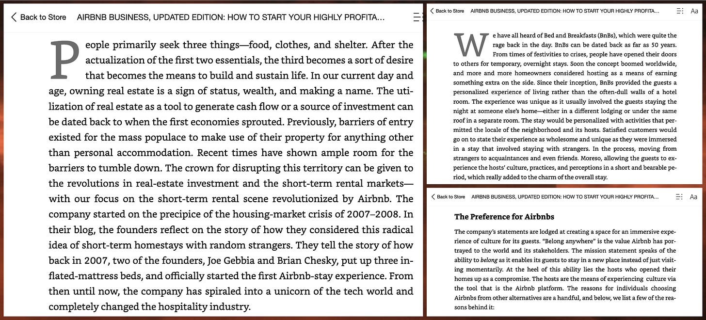 screenshot of sample text from “Airbnb Business, Updated Edition: How to Start Your Highly Profitable & Fully Automated Short-Term Rental Business. Proven Methods & Latest Tips to Become a Successful Superhost” by GAN-tastic Amazon author Steven Carlson