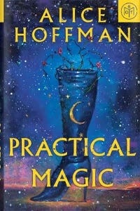 the original cover of Practical Magic by Alice Hoffman, showing a knee-high black boot against a starry dark blue sky