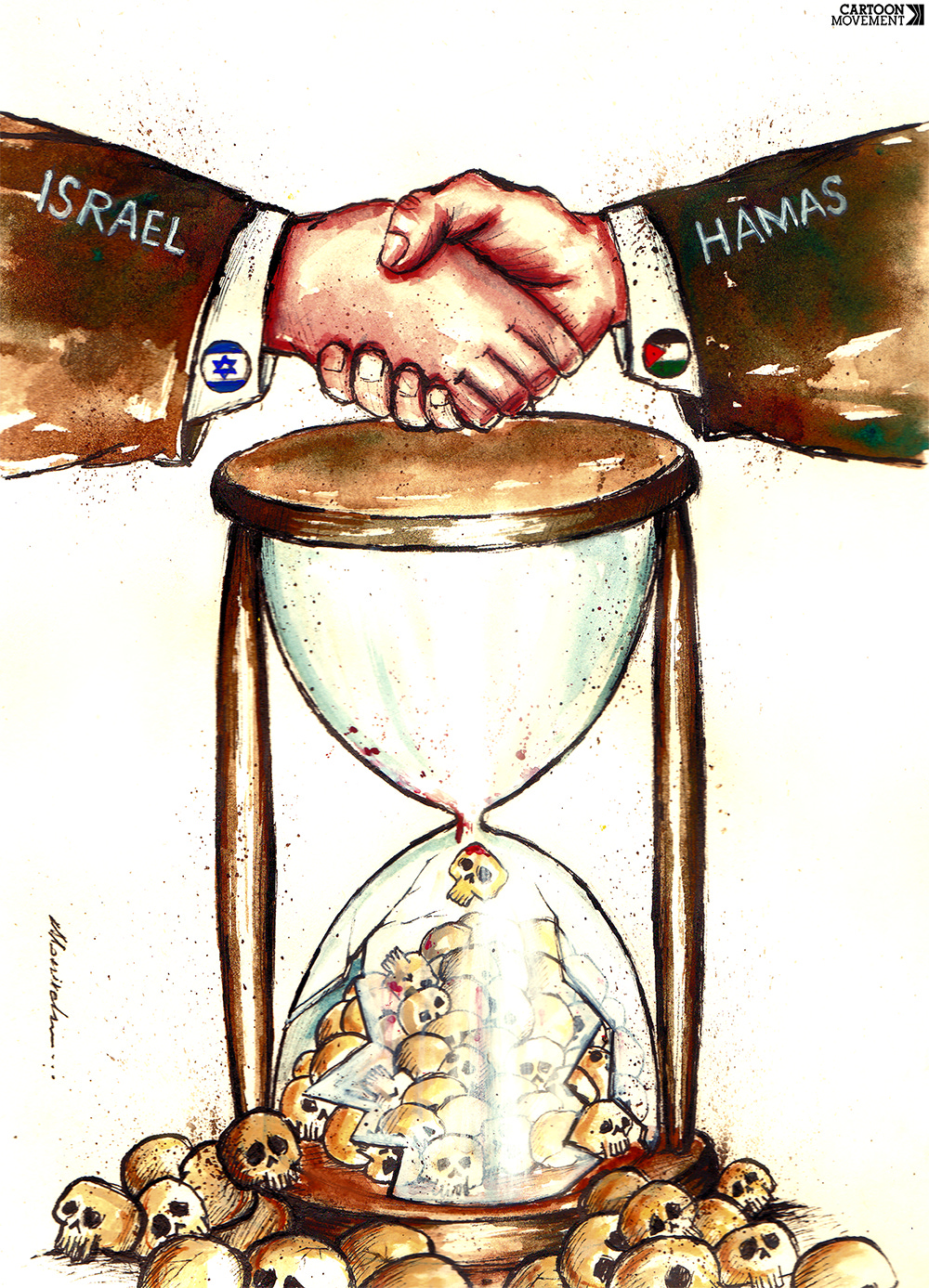 Cartoon showing a handshake; one sleeve is labeled 'Hamas', the other sleeve is labeled 'Israel'. Beneath the handshake is an hourglass; instead of sand , the hourglass contains skulls. The hourglass has run out, all the skulls are in the bottom half, which has become so full that the glass has broken and the skulls are spilling out.