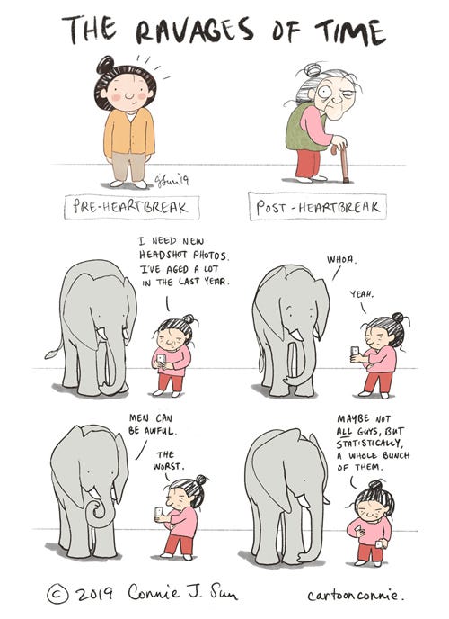 humor, cartoon, connie sun, illustration, elephant, heartbreak, comic strip, comics