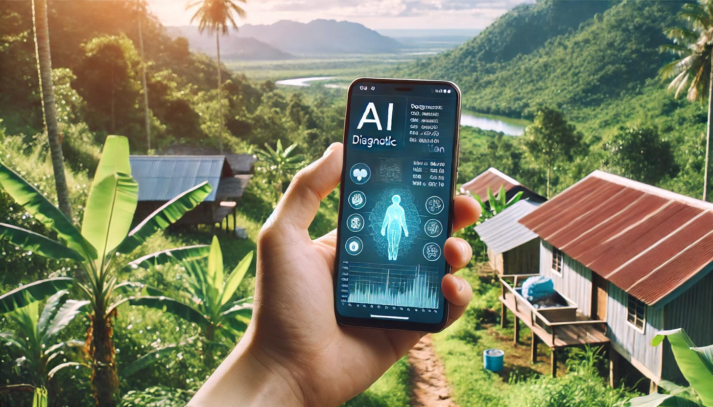 A hand holding a smartphone with an AI diagnostic application interface visible on the screen. The background shows a lush tropical environment, highlighting the use of technology in remote areas. The smartphone is in a 16:9 format, with a high-resolution display showing detailed diagnostic information. The scene emphasizes the integration of advanced technology in rural and remote healthcare settings.