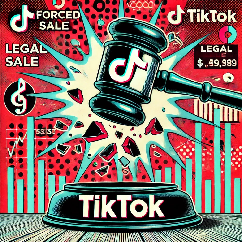 A bold pop-art style illustration depicting the forced sale of TikTok. The TikTok logo is prominently featured, being split or fragmented with a legal gavel smashing it. Background includes financial symbols, dramatic charts, and a sense of tension with a vibrant color palette of red, black, and white. The scene should feel intense, emphasizing legal pressure and market impact.