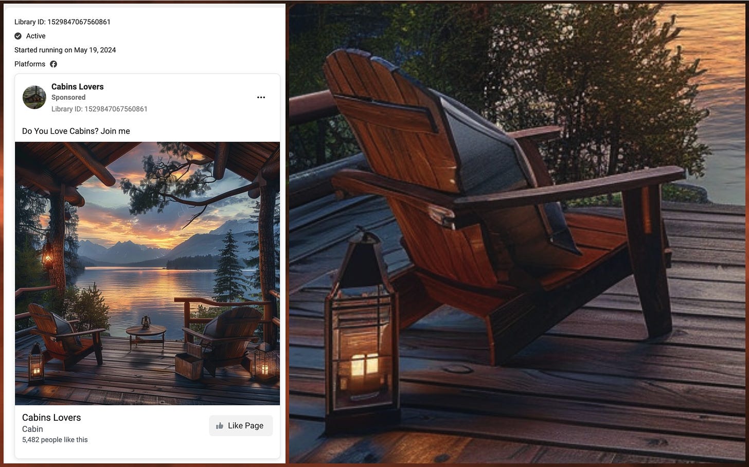 screenshot of a Facebook ad from "Cabins Lovers" containing an AI-generated image, and a closeup showing anomalies in the furniture
