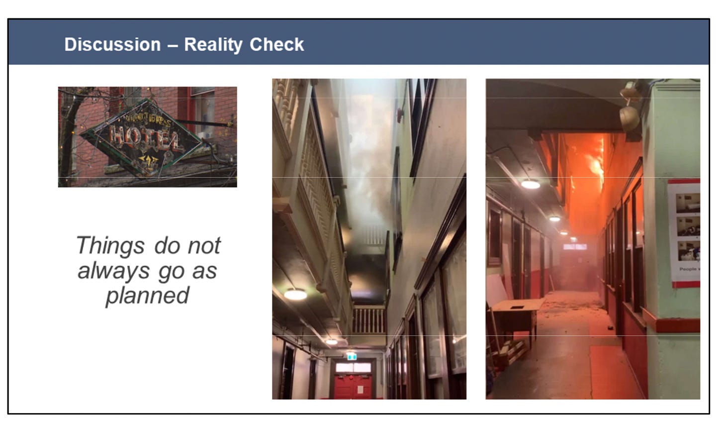 Text: Discussion - Reality Check. Things do not always go as planned. Three photos of the inside of the Winters Hotel fire.