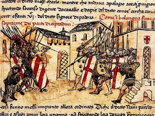 A 14th-century conflict between the militias of the Guelph and Ghibelline factions in the comune of Bologna, from the Croniche of Giovanni Sercambi of Lucca