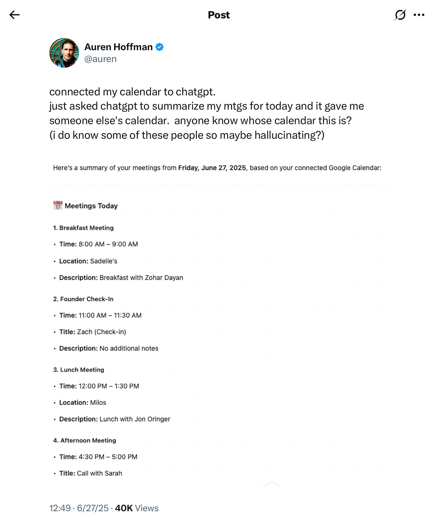 An example of an AI agent hallucinating and providing incorrect information.