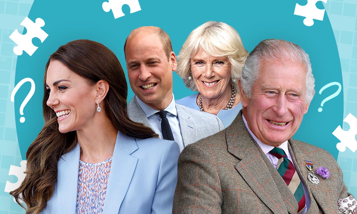 Smiling UK royals against green background