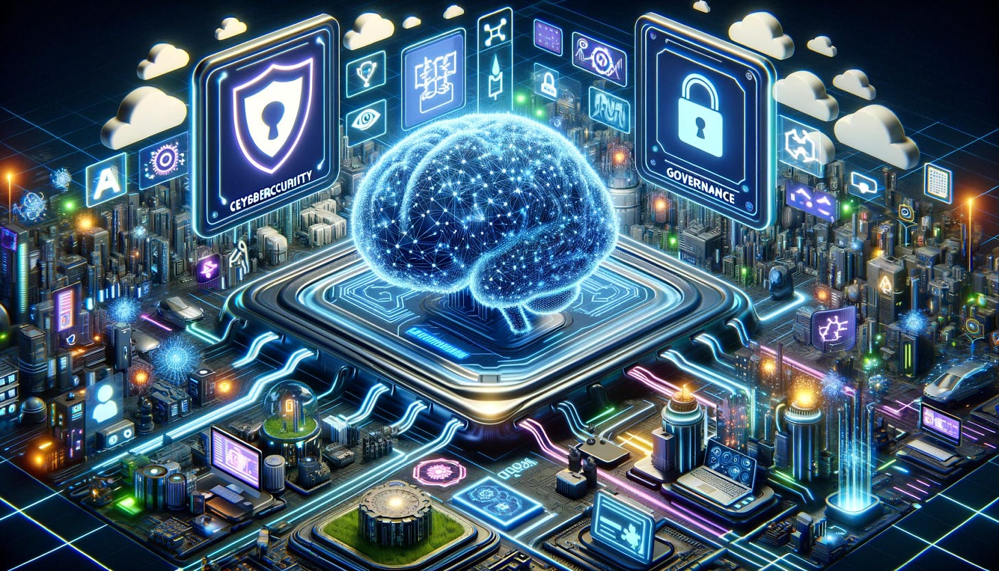 A 16:9 illustration depicting the concept of AI guardrails in the technology industry. This scene shows a diverse range of companies involved in AI safety and governance. The foreground features symbols of cybersecurity (a shield) and governance (a briefcase), representing companies like Resistant.ai and Enz.ai. Various tools and software are visualized as futuristic devices and interfaces scattered around a central, large AI brain, symbolizing the core of AI governance. This brain is connected to various pipelines, representing the model production sequence, with digital data flowing through them. The background shows a complex cloud environment, with glowing neon lines and holographic displays, indicating the software supply chain and the integration of these tools into infrastructure. The entire scene is bustling with activity, highlighting the dynamic and forward-thinking world of AI guardrails.