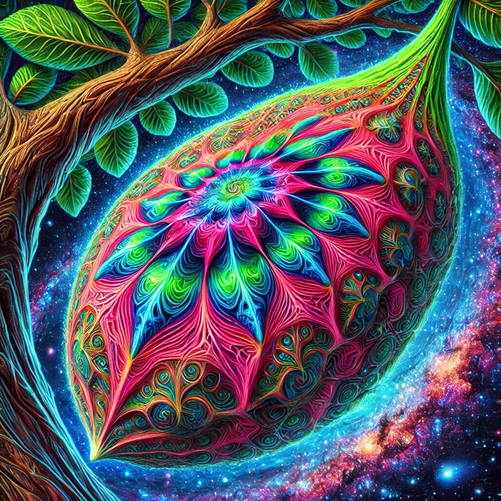 A massive, incredibly detailed psychedelic seed on a tree. The seed is intricately patterned with swirling, vibrant colors like neon pink, electric blue, and bright green. The patterns are fractal and geometric, with a hint of organic shapes, creating a mesmerizing effect. The seed is hanging from a tree branch, surrounded by leaves, in a cosmic scene with stars and galaxies in the background. The tree itself has a surreal, otherworldly appearance, complementing the psychedelic nature of the seed. The details are sharp and vivid, capturing the essence of a psychedelic vision.