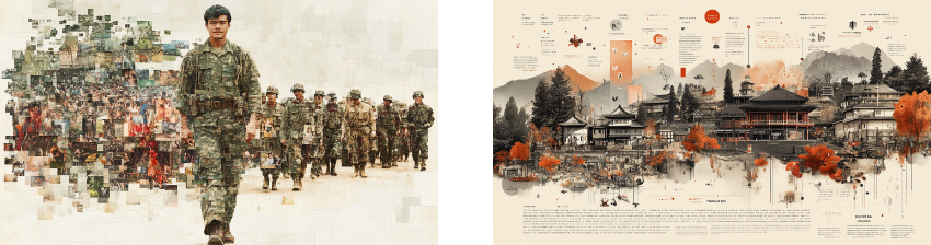 Two detailed illustrations merging history and culture: the left depicts a soldier walking confidently at the front of a group, with a fragmented, pixelated background of scenes and figures, symbolizing the blend of personal and collective military experiences. The right shows an intricate, annotated landscape of traditional architecture set against mountains, blending technical details with artistic renderings to celebrate cultural heritage and historical context.