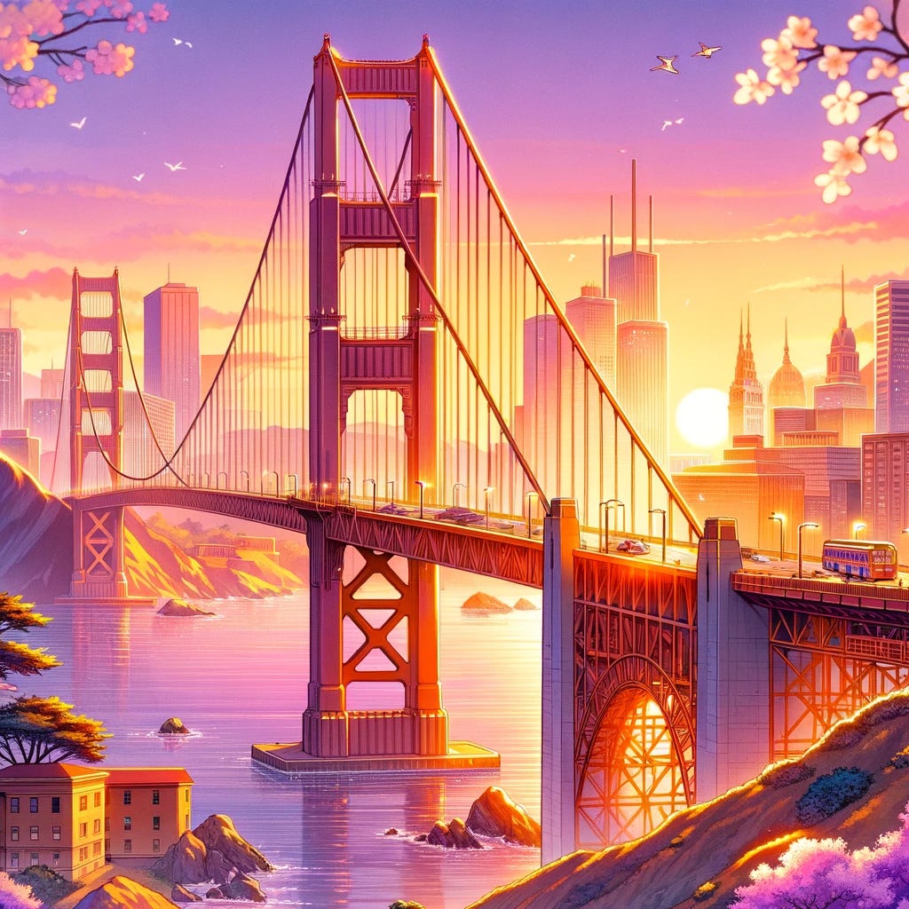 The Golden Gate Bridge depicted in a 2010s anime style. The bridge is bathed in warm sunset colors, with the sky showing a gradient from orange to purple. The scene includes an anime-inspired cityscape in the background with detailed buildings, and a few cherry blossom trees in the foreground. The bridge itself is detailed with anime-style lines and shading, and a couple of anime characters can be seen on the bridge, one pointing towards the horizon and another taking a picture. The overall atmosphere is vibrant and slightly whimsical, characteristic of 2010s anime art.