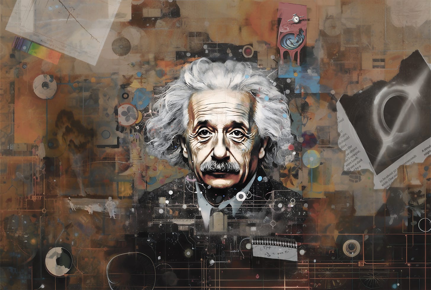 Celebrate an autistic hero in your home, office, or school. This digital portrait of Albert Einstein combines photorealism with surreal elements. Einstein's face, rendered in lifelike detail, dominates the center. His wild white hair frames a deeply lined face with piercing eyes and signature mustache. He wears a dark suit and light shirt.  The artwork's style blends traditional portraiture with modern digital techniques. Warm earth tones dominate, with pops of color in the background. The overall effect is both familiar and otherworldly, mirroring Einstein's status as an icon who challenged our understanding of reality.   This image captures Einstein's intellect and the revolutionary nature of his work, inviting viewers to contemplate the intersection of genius, creativity, and scientific discovery.