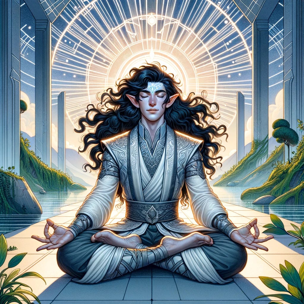 Illustration of the young male elf mage with long black curly hair reaching enlightenment. He is seated in a lotus position in a tranquil, high-tech solarpunk environment, with elements of nature and advanced technology harmoniously blended around him. His eyes are closed in deep meditation, and his face is serene, reflecting inner peace and enlightenment. Above his head, a radiant halo of light symbolizes his enlightened state, with ethereal energy flowing around him. The setting is calm and peaceful, filled with soft light and gentle colors, capturing the essence of his spiritual awakening and the profound tranquility of enlightenment.