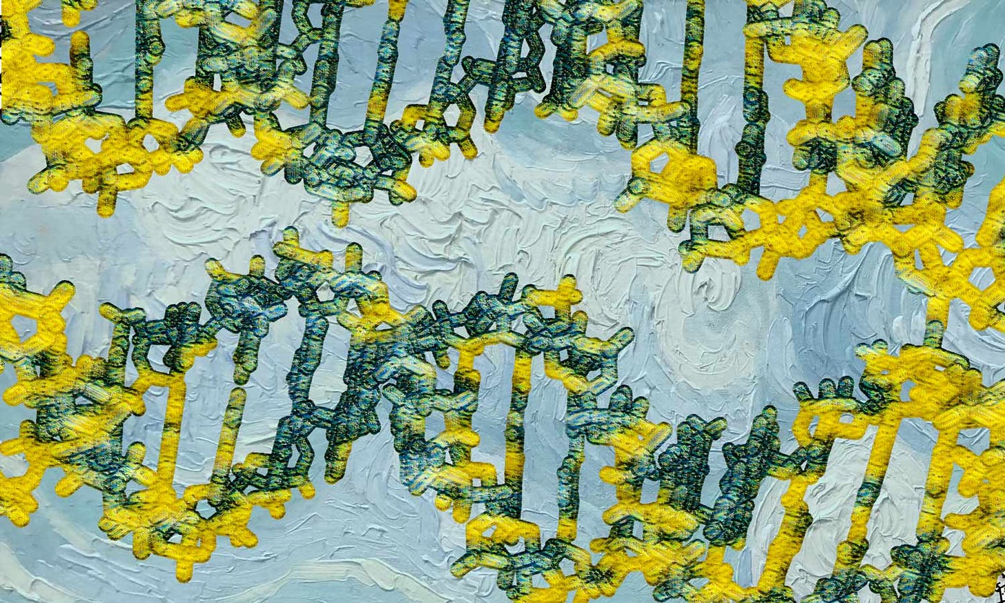 Illustration of DNA against a painted blue sky