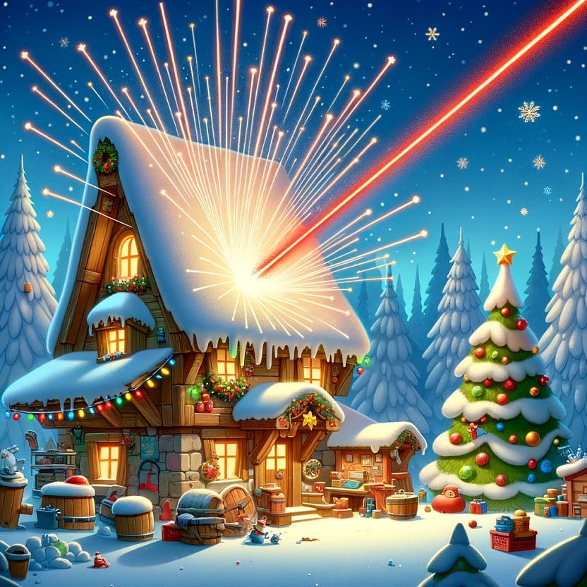 A lazer beam hitting Santa’s workshop
