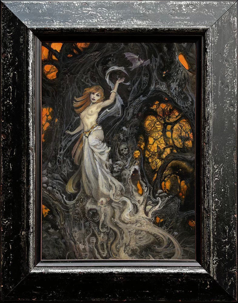 Original painting, Created in 2024 by Michael Whelan, 9 ½" x 7". Custom-framed in Wood Moulding. Description: Against a dark, abstract backdrop, a redheaded beauty poses surrounded by ghastly faces, but she seems more conjuror than captive. Her knee is raised as if she's springing upward. Cobwebs stretch behind her and swirl around her upraised hand. A gray bat flies off from her abracadabra flourish. The sorceress is bare-chested wearing long white skirts with a red and yellow belt that dips in a V. The bottom of her skirts blend with creatures at the bottom of the panel, a transition from ghostly white to tormented gray. The background is pure hellscape that suggests perhaps a gnarled tree or the infernal stone of a cave. On closer examination, it seems to be made of twisted souls. Orange background show through at the panel edges, criss-crossed by tendrils, cobwebs or what have you but still providing a vibrant pop of color.