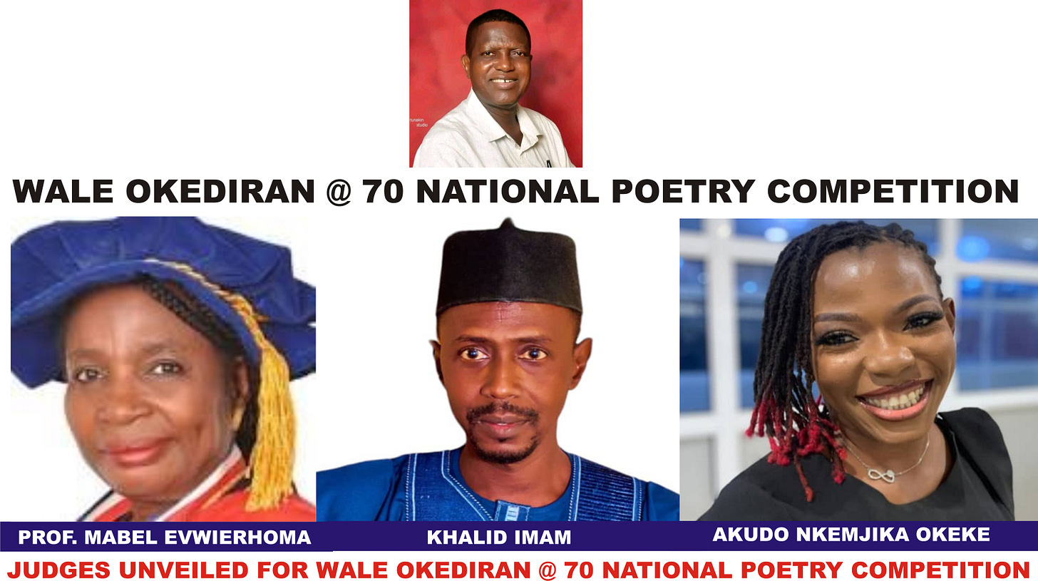 Judges Unveiled for Wale Okediran 70 National Poetry Competition