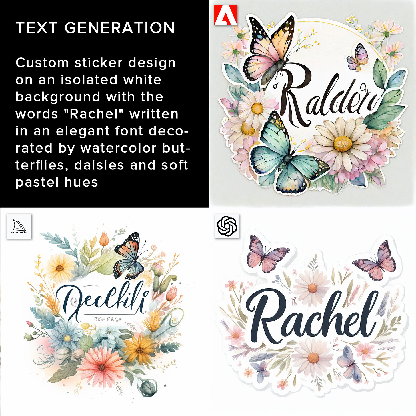 Grid of three images created by each of the tools, all are illustrations with flowers and butterflies and attempts to add the name Rachel. Only Dall-E3 succeeds. Text reads - Custom sticker design on an isolated white background with the words "Rachel" written in an elegant font decorated by watercolor butterflies, daisies and soft hues