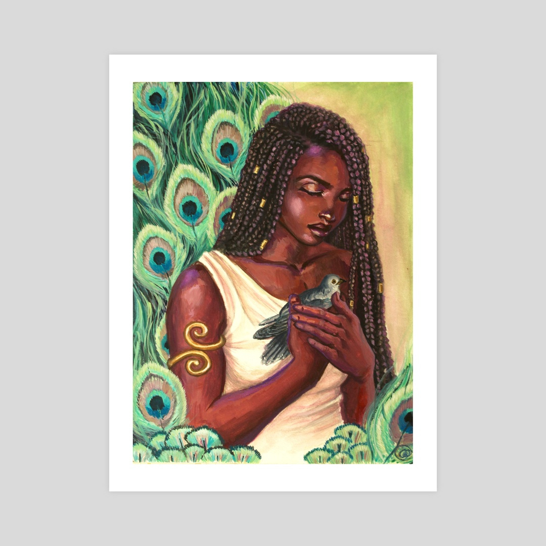 An oil painting of a dark-skinned, loc-haired woman wearing a cream toga and lovingly holding a dove, with a background of peacock feather plummage.