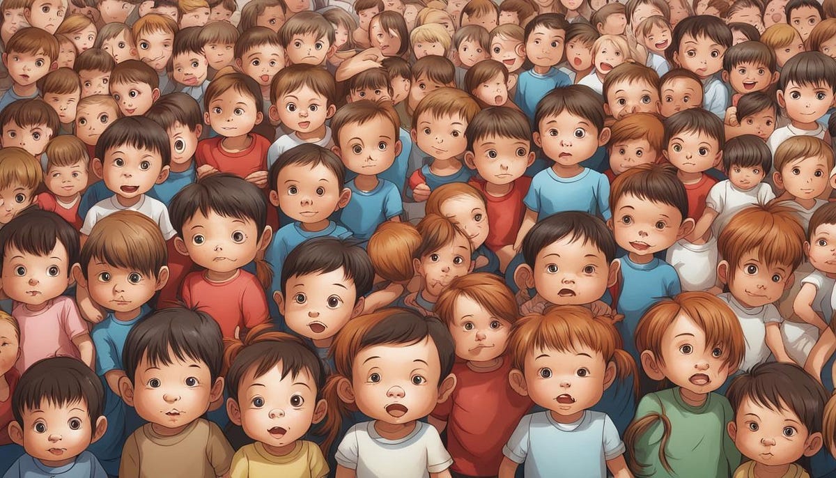 Lots of children, cartoon image.