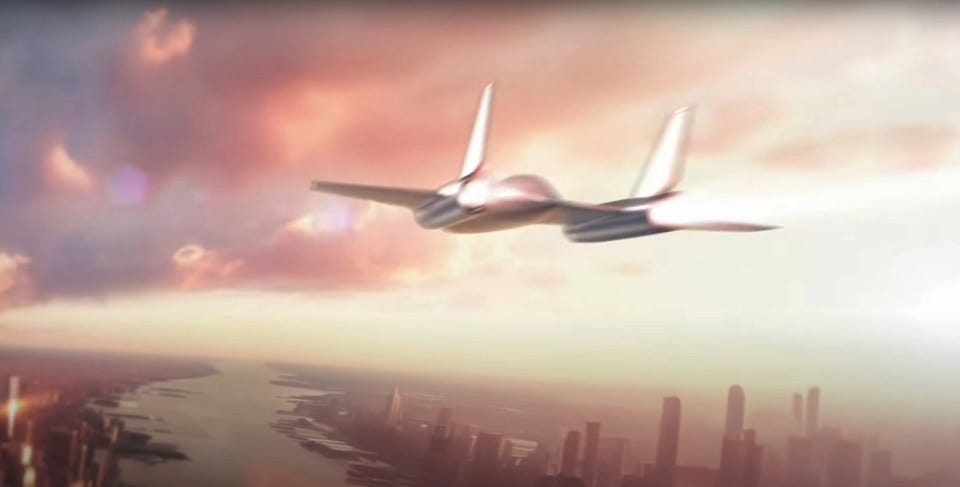 Illustration of a hypersonic jet flying over a city.