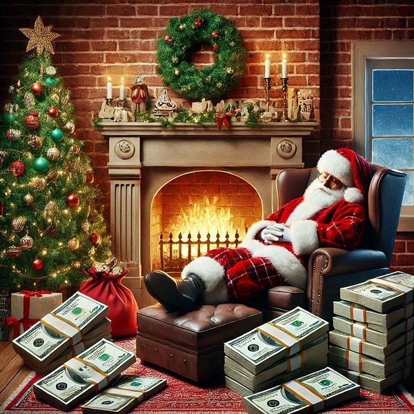Father Christmas sleeping surrounded with stacks of notes.